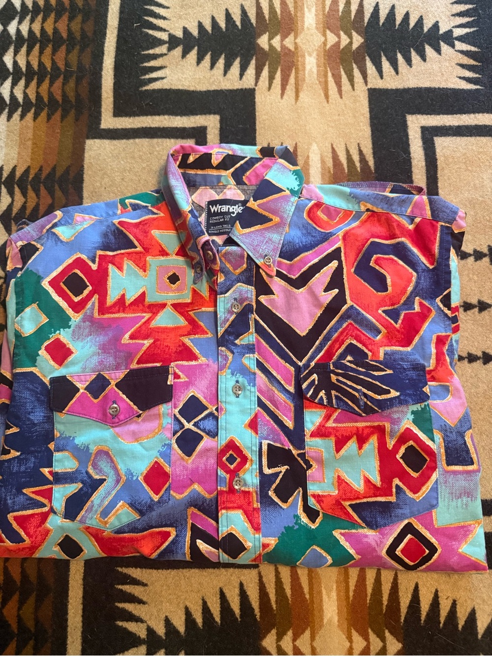 Wrangler Navy, Pink and Teal Geometric Button-Up Shirt